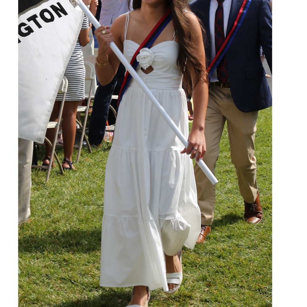 Bloomingdale’s white maxi dress with removable rose detail